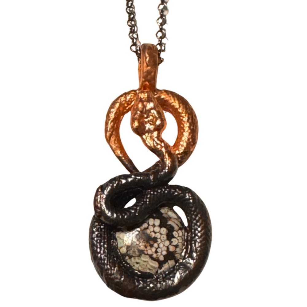 Copper & Black Snakeskin Agate Serpent Pendant Necklace
